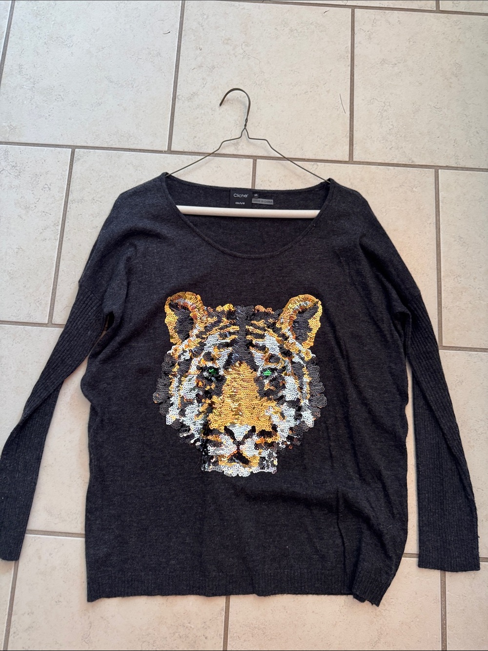 Charcoal Sequin Tiger Knit Sweater - Cliché